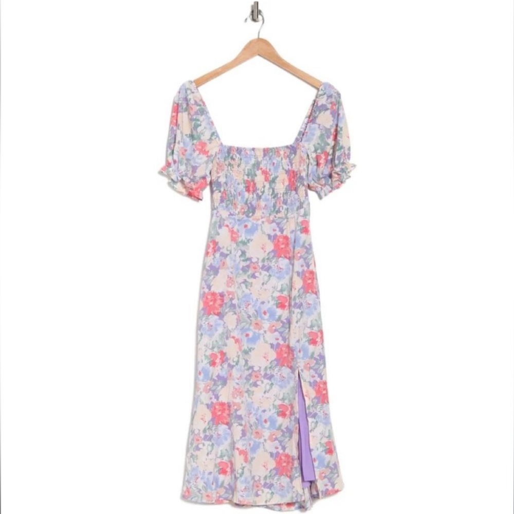 ASTR Smocked Puff-sleeve Midi Dress Purple Coral Floral